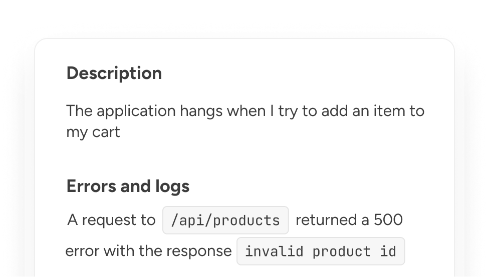 Screenshot of a bug report with a generated summary of errors that occurred